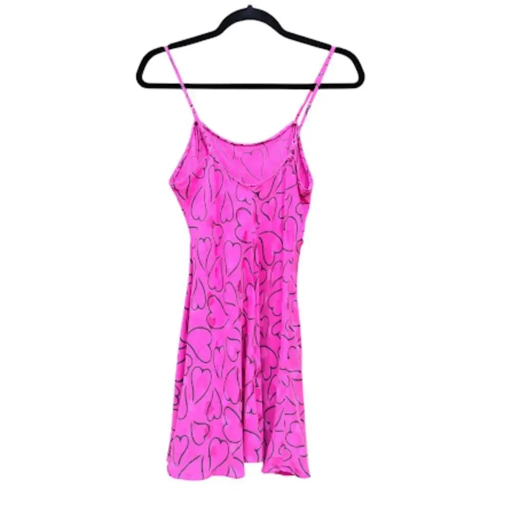 LAURA LEIGH | Hot Pink Silk Slip Dress Hearts Print 90S Y2K Nightie Dress M